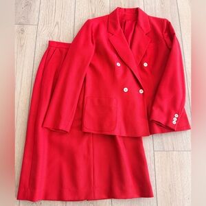 Red Vintage Double-Breasted Blazer and Skirt Set